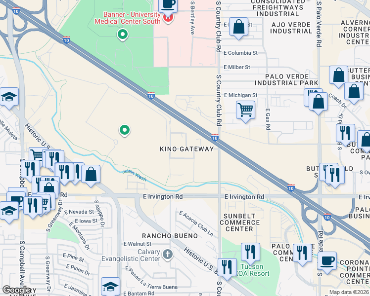 map of restaurants, bars, coffee shops, grocery stores, and more near 2843 East Kentucky Street in Tucson