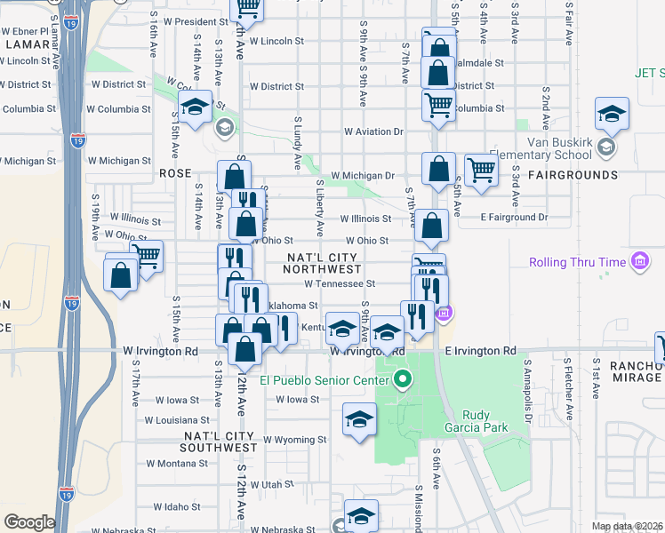 map of restaurants, bars, coffee shops, grocery stores, and more near 243 West Missouri Street in Tucson