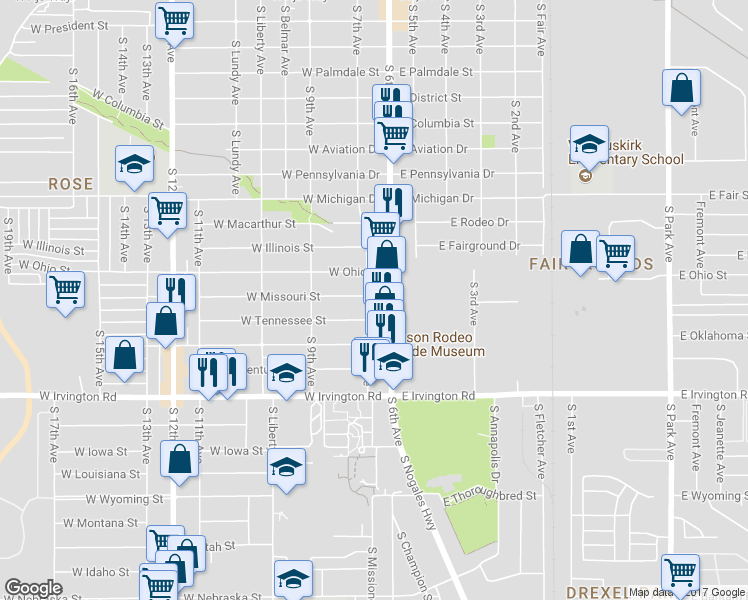 map of restaurants, bars, coffee shops, grocery stores, and more near 4756 South 6th Avenue in Tucson