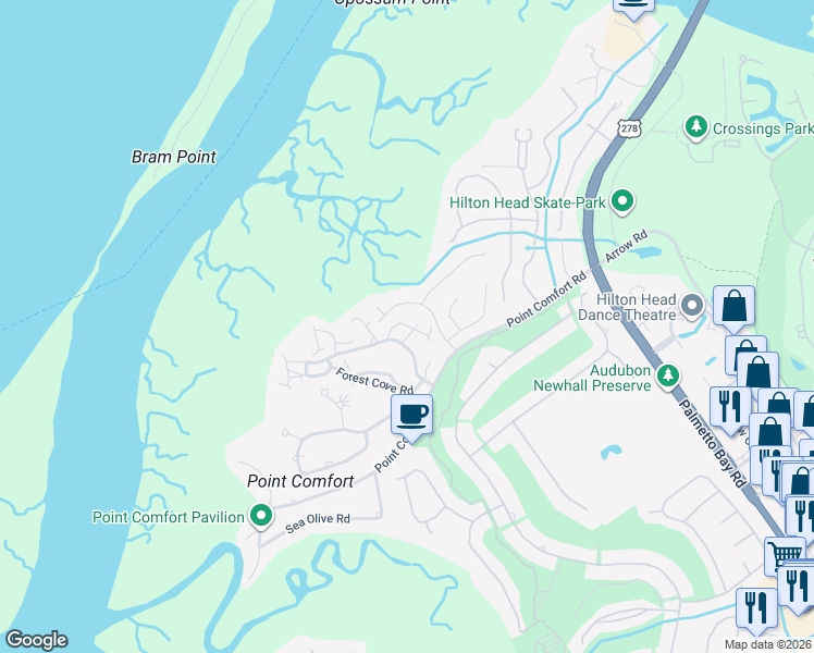 map of restaurants, bars, coffee shops, grocery stores, and more near 3 Mast Lane in Hilton Head Island
