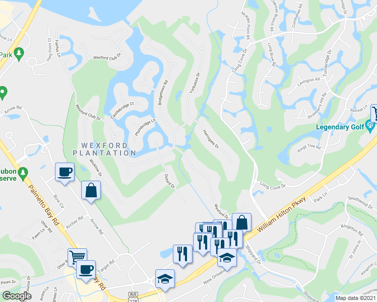 map of restaurants, bars, coffee shops, grocery stores, and more near 34 Wexford Drive in Hilton Head Island