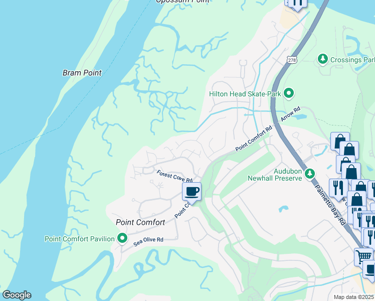 map of restaurants, bars, coffee shops, grocery stores, and more near 19 Song Sparrow Lane in Hilton Head Island