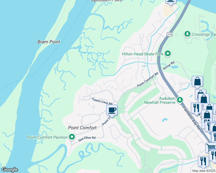 map of restaurants, bars, coffee shops, grocery stores, and more near 19 Song Sparrow Lane in Hilton Head Island