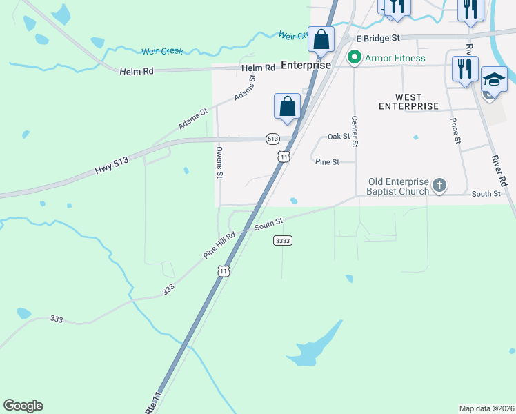 map of restaurants, bars, coffee shops, grocery stores, and more near U.S. 11 in Enterprise