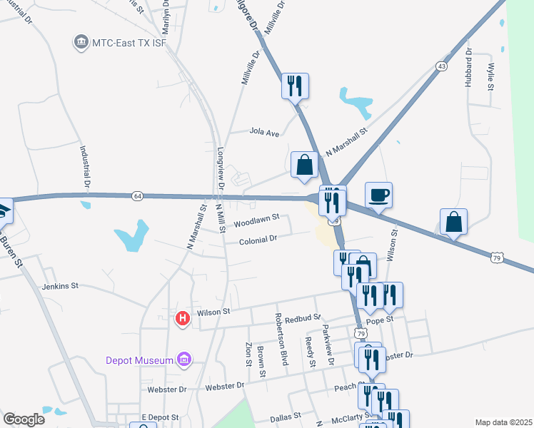 map of restaurants, bars, coffee shops, grocery stores, and more near 319 State Highway 64 in Henderson
