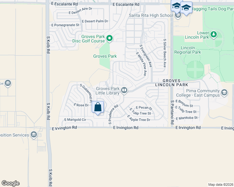 map of restaurants, bars, coffee shops, grocery stores, and more near 7501 East Poinciana Drive in Tucson