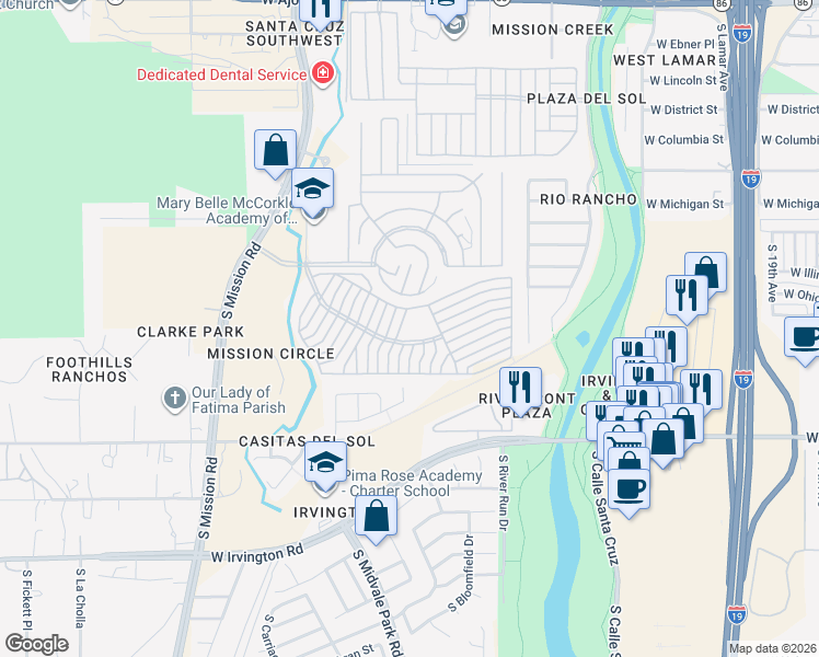 map of restaurants, bars, coffee shops, grocery stores, and more near 1669 West Via Redondo in Tucson