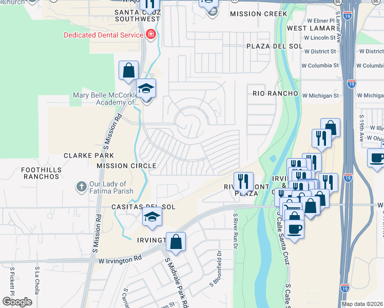 map of restaurants, bars, coffee shops, grocery stores, and more near 1669 West Via Redondo in Tucson