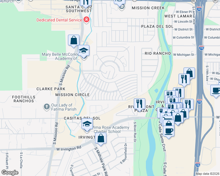 map of restaurants, bars, coffee shops, grocery stores, and more near 1669 West Via Redondo in Tucson