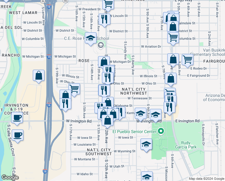 map of restaurants, bars, coffee shops, grocery stores, and more near 4630 South 11th Avenue in Tucson