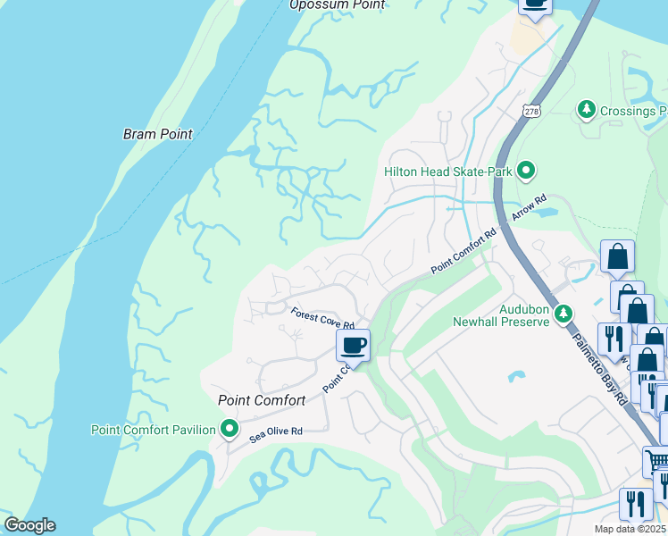 map of restaurants, bars, coffee shops, grocery stores, and more near 27 Song Sparrow Lane in Hilton Head Island