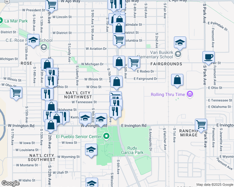 map of restaurants, bars, coffee shops, grocery stores, and more near 4601 South 6th Avenue in Tucson