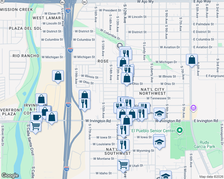 map of restaurants, bars, coffee shops, grocery stores, and more near 709 West Ohio Street in Tucson