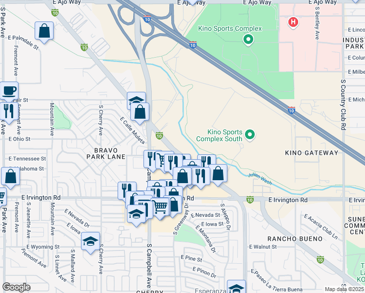 map of restaurants, bars, coffee shops, grocery stores, and more near 2101 East Benson Highway in Tucson