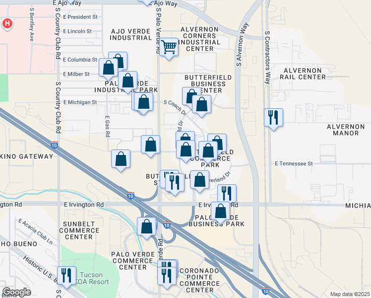 map of restaurants, bars, coffee shops, grocery stores, and more near 4691 South Butterfield Drive in Tucson