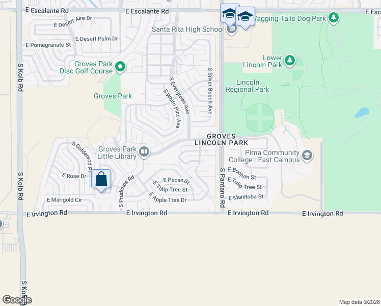 map of restaurants, bars, coffee shops, grocery stores, and more near 7775 East Almond Street in Tucson