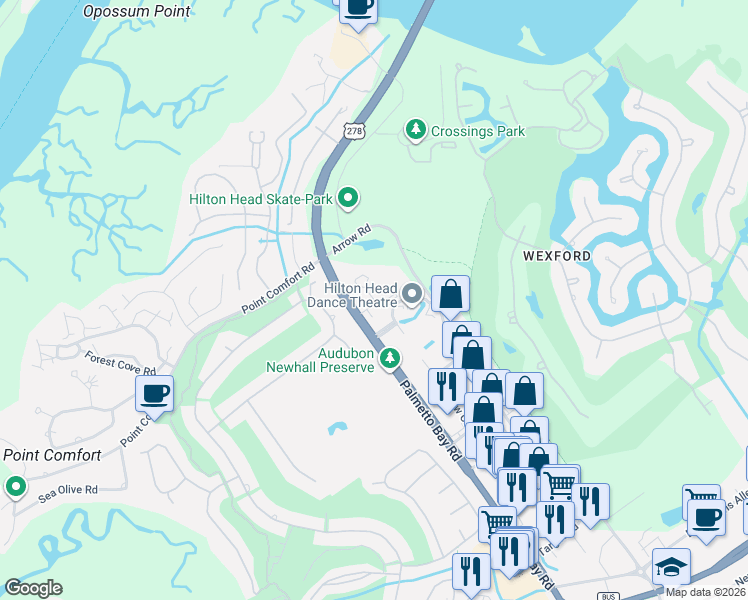 map of restaurants, bars, coffee shops, grocery stores, and more near 53 Delander Court in Hilton Head Island