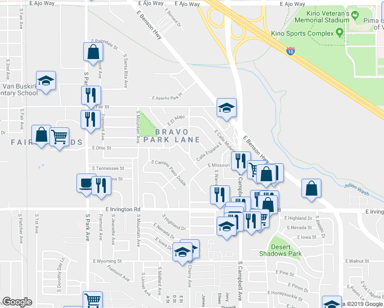 map of restaurants, bars, coffee shops, grocery stores, and more near 4651 South Cherry Avenue in Tucson