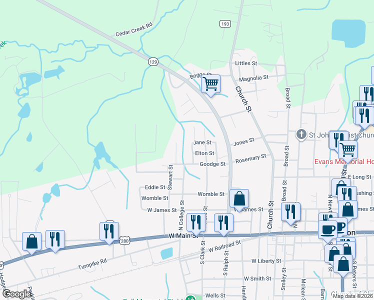 map of restaurants, bars, coffee shops, grocery stores, and more near 307 Rena Street in Claxton
