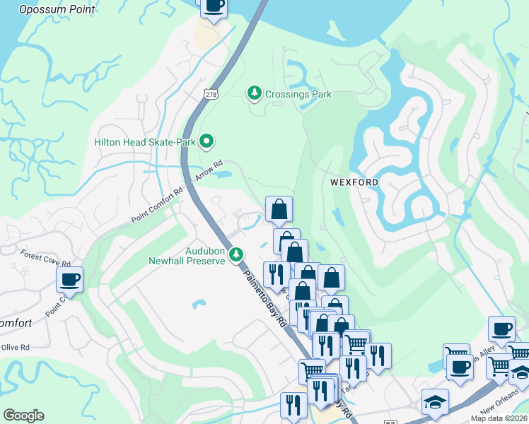 map of restaurants, bars, coffee shops, grocery stores, and more near 15 Palmetto Business Park Road in Hilton Head Island