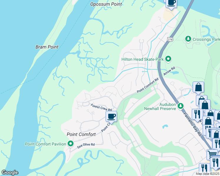 map of restaurants, bars, coffee shops, grocery stores, and more near 19 Song Sparrow Lane in Hilton Head Island
