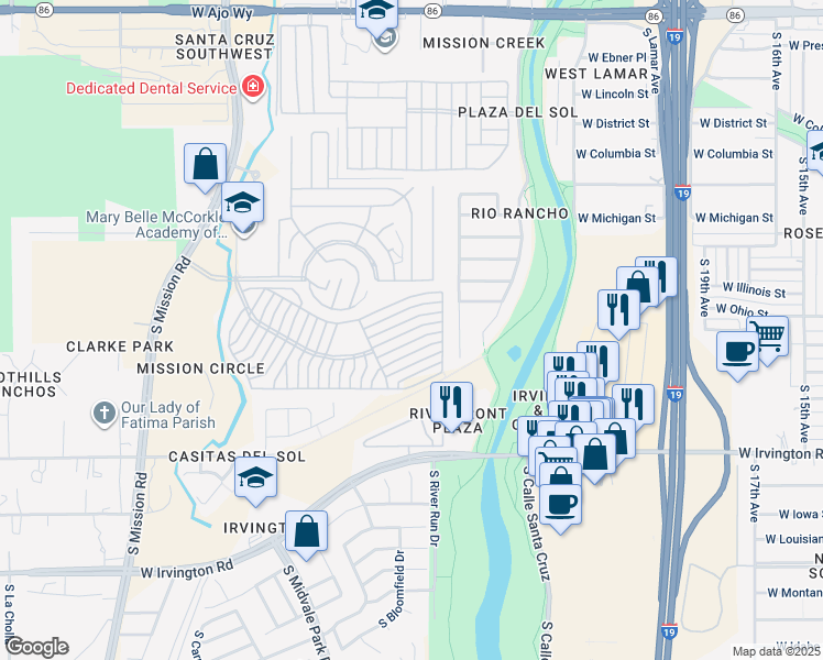 map of restaurants, bars, coffee shops, grocery stores, and more near South in Tucson