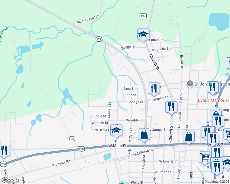 map of restaurants, bars, coffee shops, grocery stores, and more near 307 Rena Street in Claxton