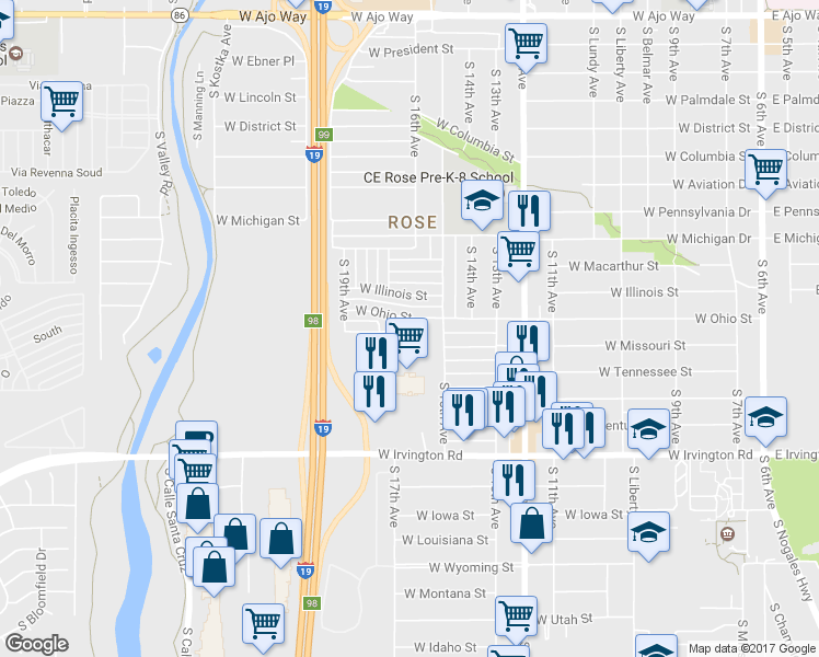 map of restaurants, bars, coffee shops, grocery stores, and more near 4612 South 16th Avenue in Tucson