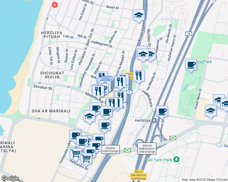 map of restaurants, bars, coffee shops, grocery stores, and more near 1 Maskit Street in Herzliya