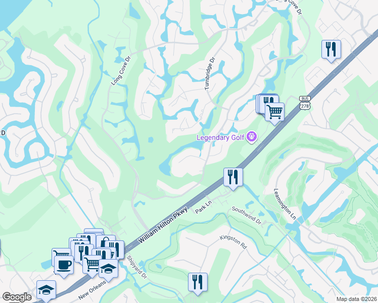map of restaurants, bars, coffee shops, grocery stores, and more near 8 Kings Tree Road in Hilton Head Island