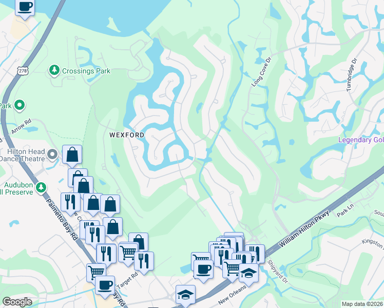 map of restaurants, bars, coffee shops, grocery stores, and more near 6 Cambridge Circle in Hilton Head Island
