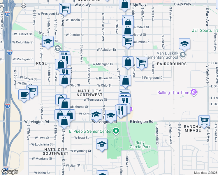 map of restaurants, bars, coffee shops, grocery stores, and more near 165 West Ohio Street in Tucson
