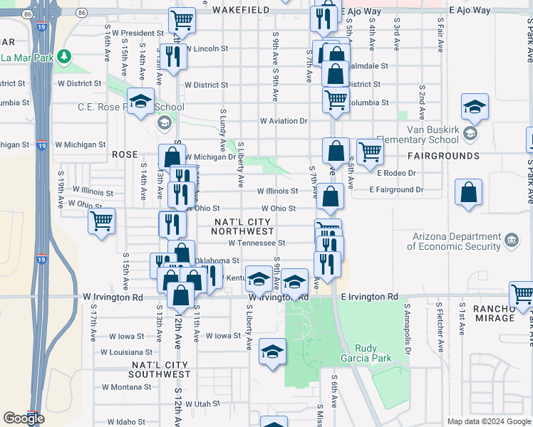 map of restaurants, bars, coffee shops, grocery stores, and more near 165 West Ohio Street in Tucson