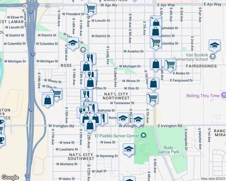map of restaurants, bars, coffee shops, grocery stores, and more near 325 West Ohio Street in Tucson