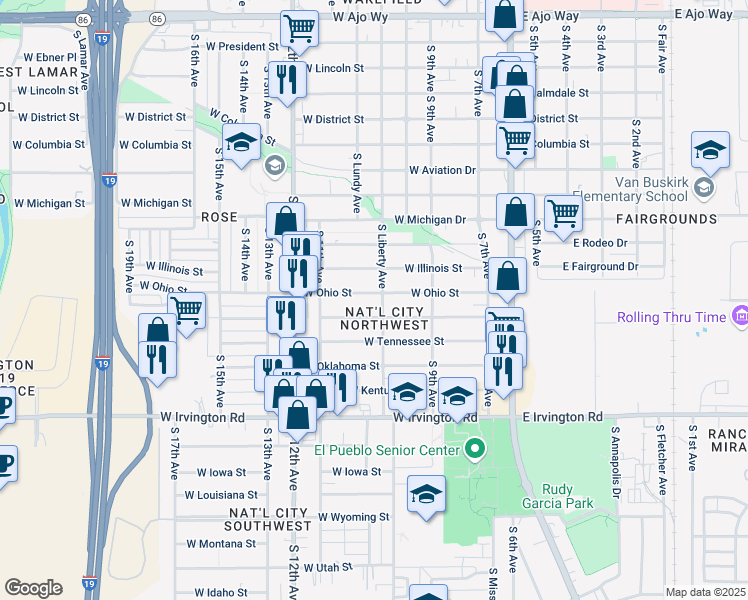 map of restaurants, bars, coffee shops, grocery stores, and more near 325 West Ohio Street in Tucson