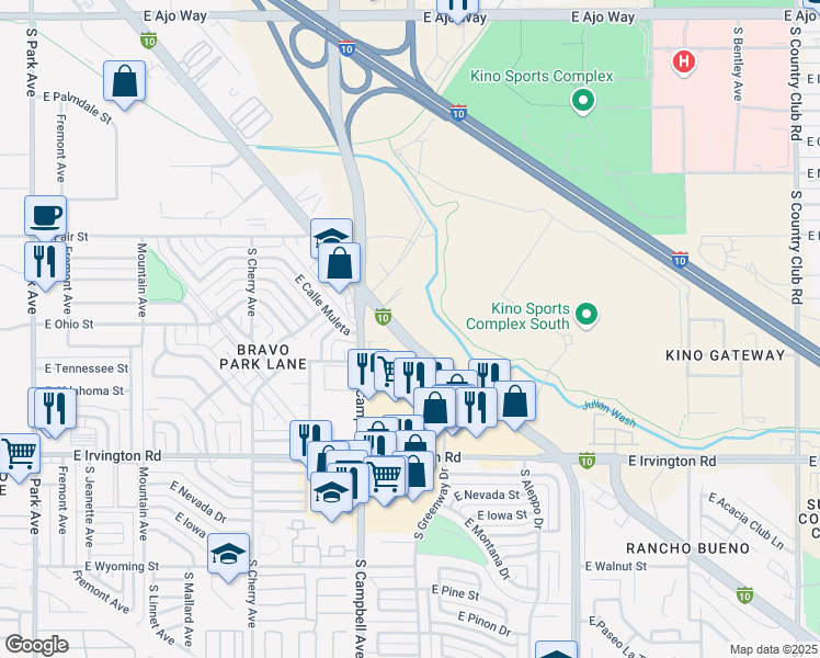 map of restaurants, bars, coffee shops, grocery stores, and more near 2015 East Benson Highway in Tucson