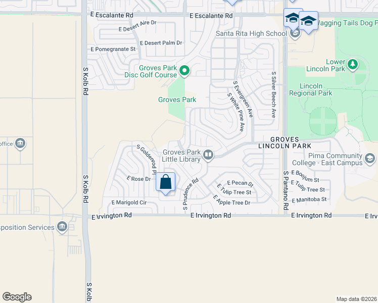 map of restaurants, bars, coffee shops, grocery stores, and more near 7501 East Poinciana Drive in Tucson