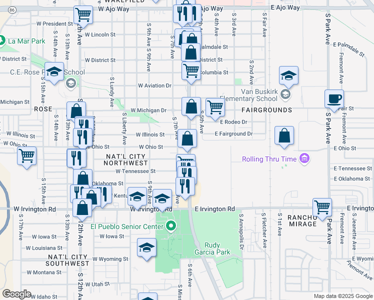 map of restaurants, bars, coffee shops, grocery stores, and more near 4601 South 6th Avenue in Tucson