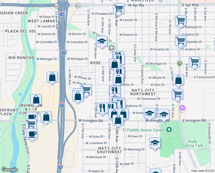 map of restaurants, bars, coffee shops, grocery stores, and more near 709 West Ohio Street in Tucson