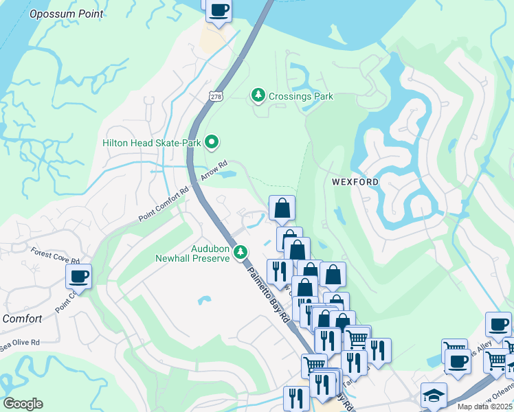 map of restaurants, bars, coffee shops, grocery stores, and more near 15 Palmetto Business Park Road in Hilton Head Island