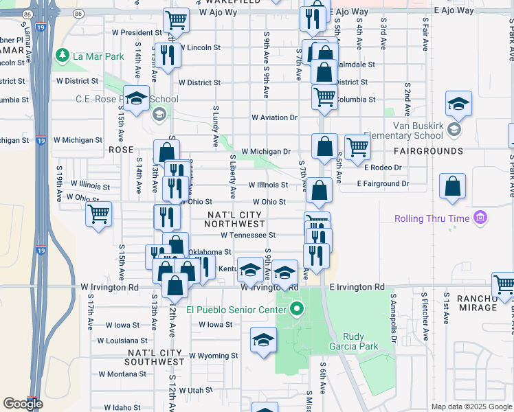 map of restaurants, bars, coffee shops, grocery stores, and more near 213 West Ohio Street in Tucson