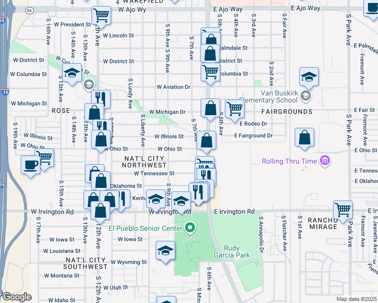 map of restaurants, bars, coffee shops, grocery stores, and more near 115 West Ohio Street in Tucson