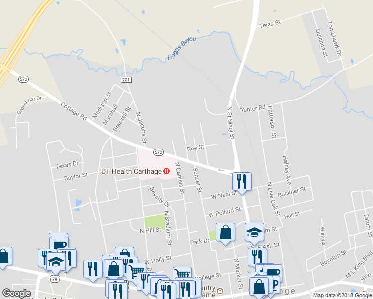 map of restaurants, bars, coffee shops, grocery stores, and more near 801 Kellogg Street in Carthage