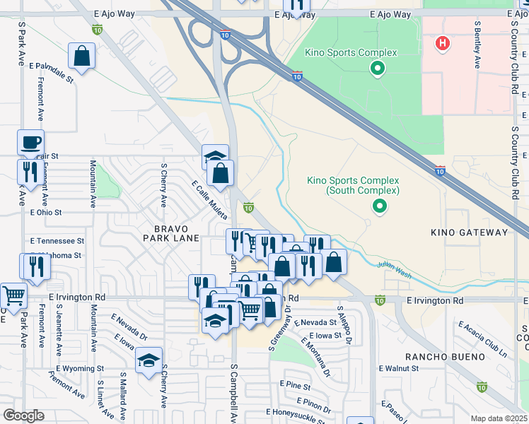 map of restaurants, bars, coffee shops, grocery stores, and more near 2015 East Benson Highway in Tucson