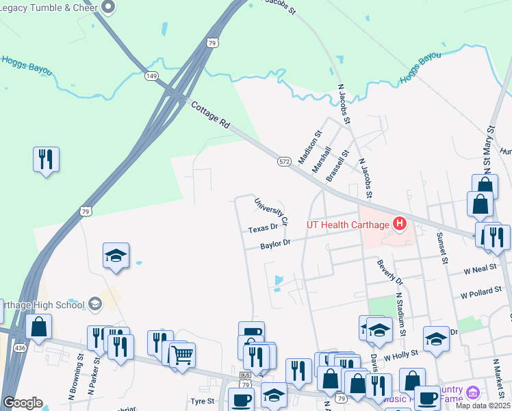 map of restaurants, bars, coffee shops, grocery stores, and more near 902 Mustang Circle in Carthage