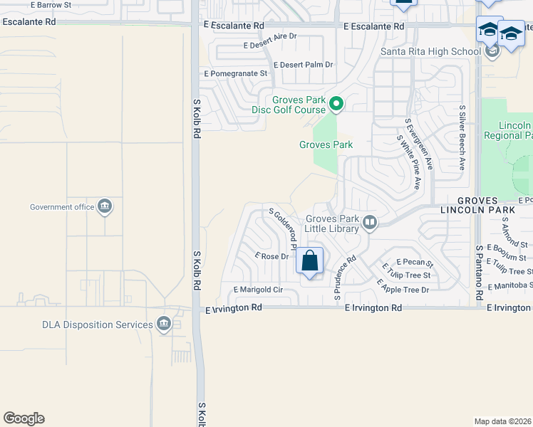 map of restaurants, bars, coffee shops, grocery stores, and more near 4602 South Goldenrod Place in Tucson