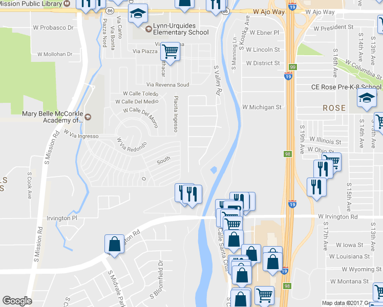 map of restaurants, bars, coffee shops, grocery stores, and more near 4667 S Paseo Rio Bravo in Tucson