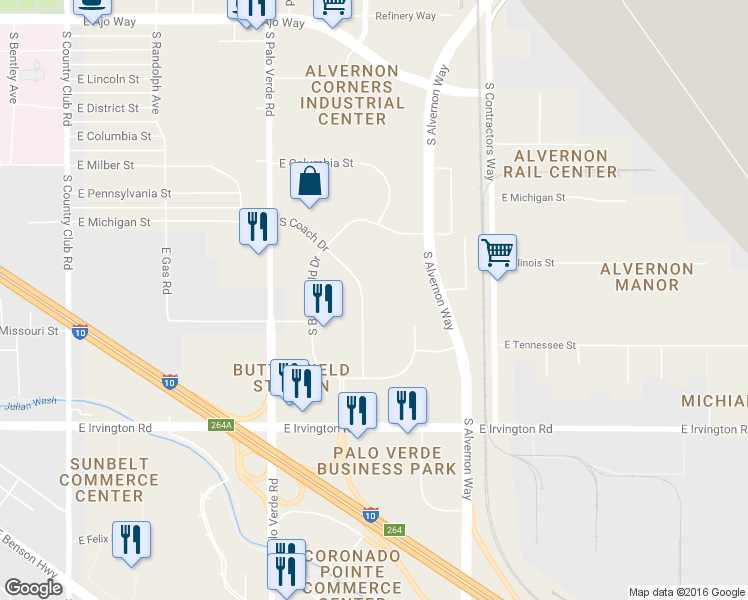 map of restaurants, bars, coffee shops, grocery stores, and more near 4655 South Coach Drive in Tucson