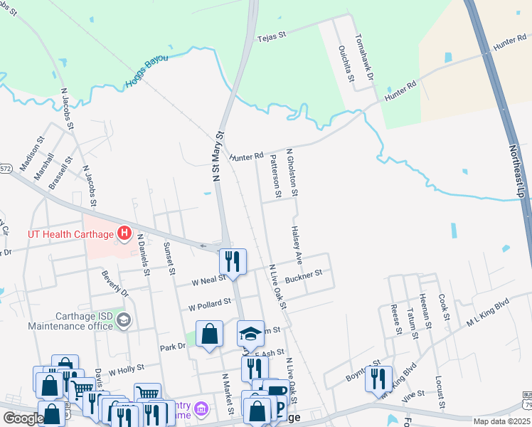 map of restaurants, bars, coffee shops, grocery stores, and more near 818 North Live Oak Street in Carthage