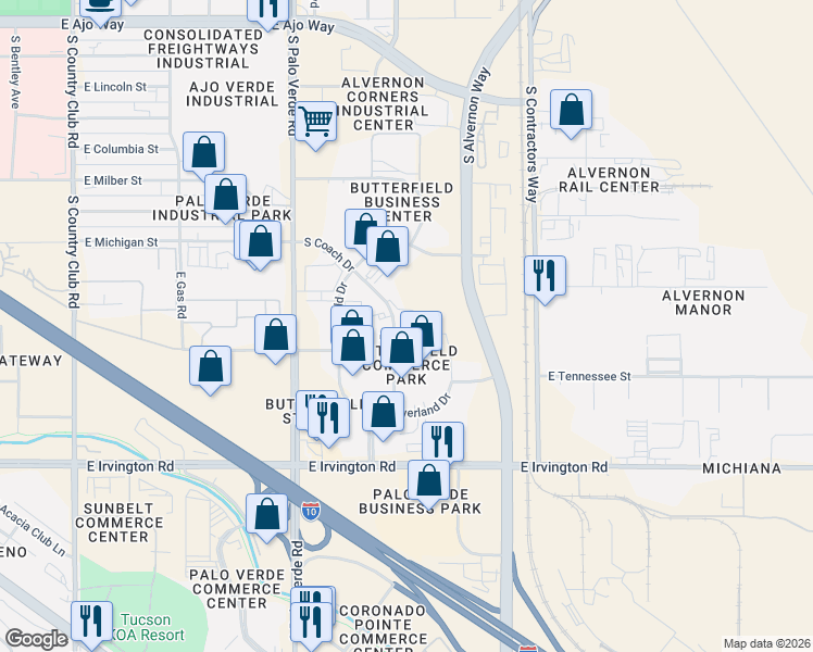 map of restaurants, bars, coffee shops, grocery stores, and more near 4655 South Coach Drive in Tucson